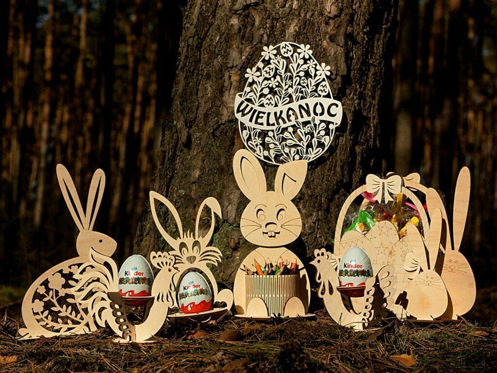 drewniane ozdoby wielkanocne zajaczki jajka koszyczki