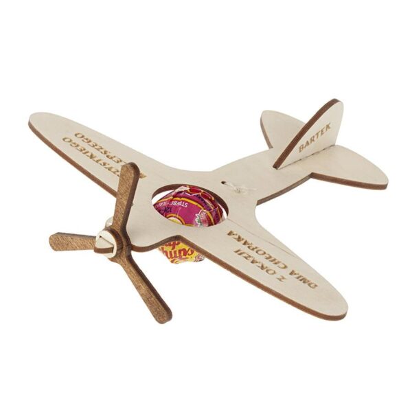 Samolot na lizaka z kręcącym śmigiełkiem i imieniem